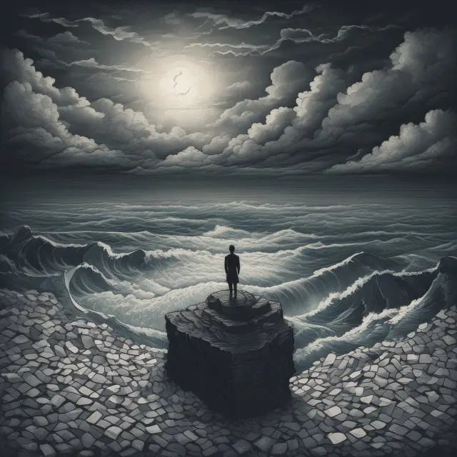 A person struggling with an avalanche of documents amidst tumultuous waters, symbolizing the obstacles and risks in offshoring