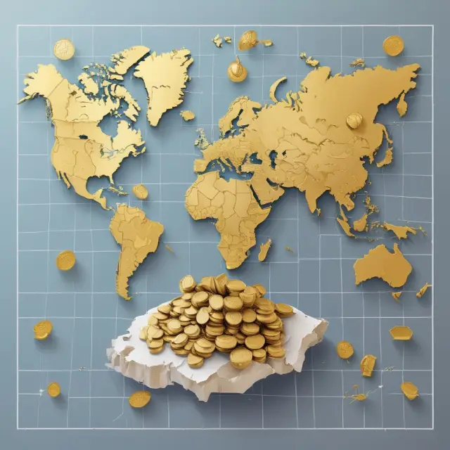 Golden coins symbolizing offshore mutual funds balancing atop a globe, one hand holding tax savings, the other managing risk