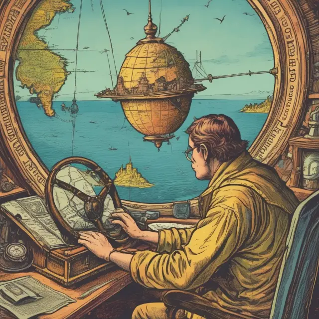 A navigator skillfully guiding a ship through stormy seas, with a glowing, golden globe representing offshore mutual funds