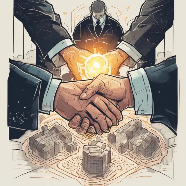 Two people, one representing producers and the other sellers, shaking hands over a glowing offtake agreement document, symbolizing secured financing
