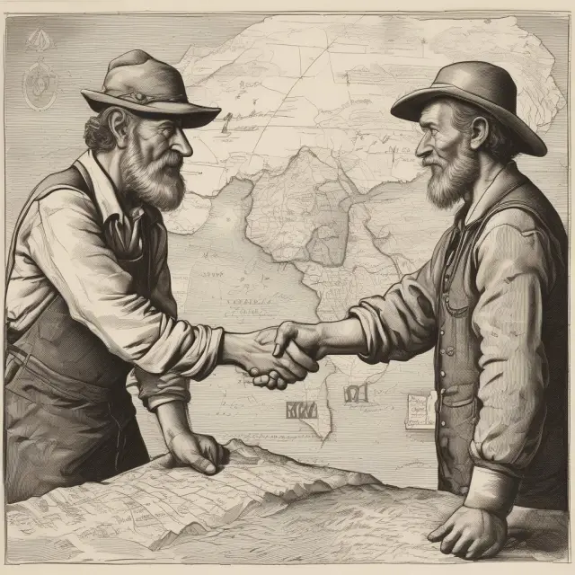 Miners and farmers shaking hands over a treasure map, illustrating the role of offtake agreements in securing essential resources and financial stability
