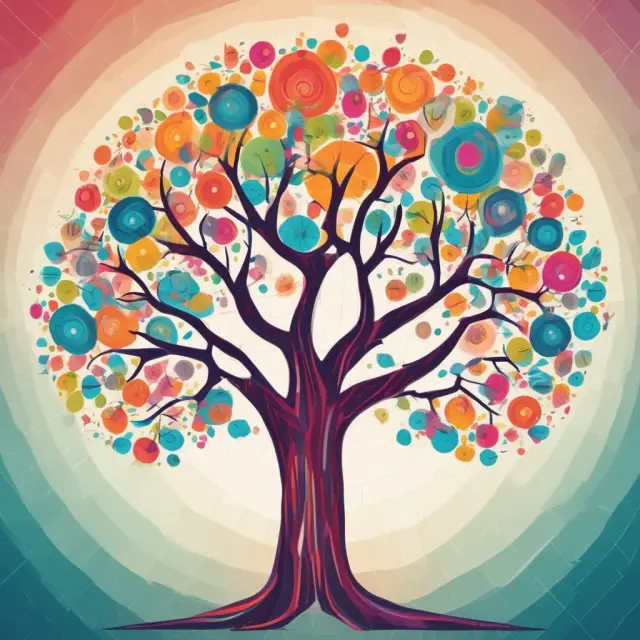 A vibrant tree with branches symbolizing open, high, low, and close prices in an OHLC financial chart