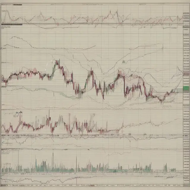 A mystic oracle examines advanced financial indicators including Bollinger Bands, Moving Averages, and Trade Volume Analysis on a digital OHLC chart to uncover market insights