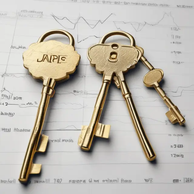 Golden keys unlocking OHLC chart, representing technical analysis integration with fundamental financial data.