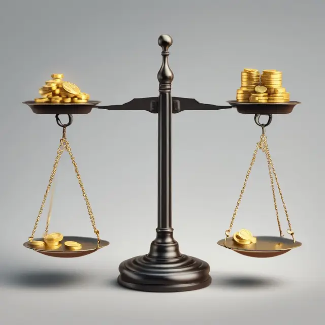 Gold scale with gold coins representing operating income and weights for depreciation and amortization.