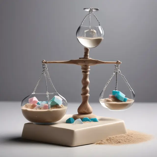 Image: Balance scale with tangible assets, intangible assets, depreciation, and amortization represented by blocks, beads, sand, and ice cubes.