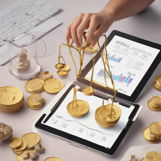 A person meticulously calculates OIBDA using scales with balanced gold coins representing income and a tablet displaying the OIBDA formula