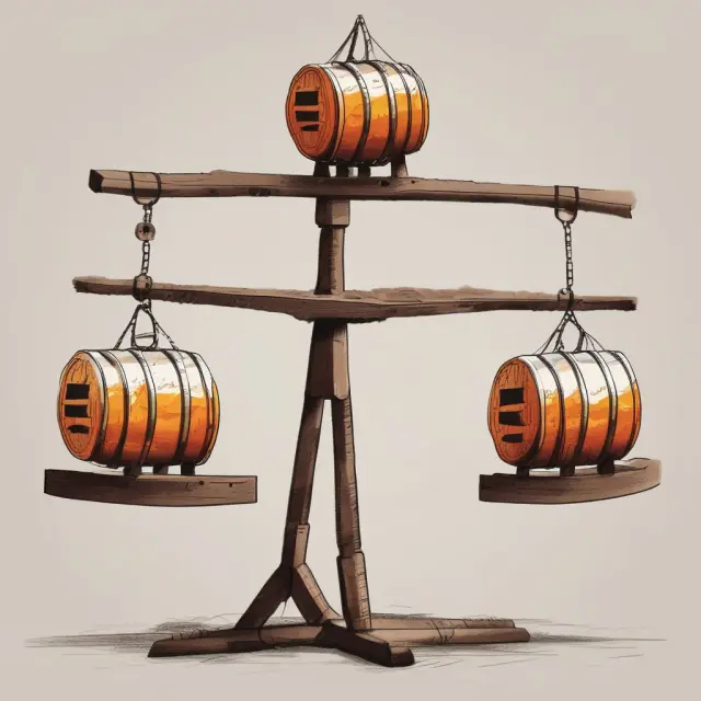 Image: A seesaw with oil barrels on each side, symbolizing ETFs (ETF barrel is traded like a stock) and mutual funds (priced at the end of day).