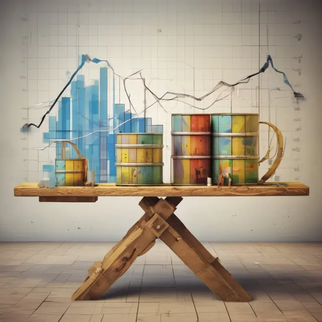 Oil barrels on a seesaw with economic graphs, symbolizing the impact of supply and demand factors on oil prices