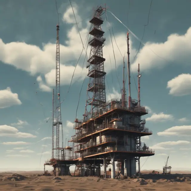 Image of an advanced oil rig employing horizontal drilling, seismic monitoring, and hydraulic fracturing technology