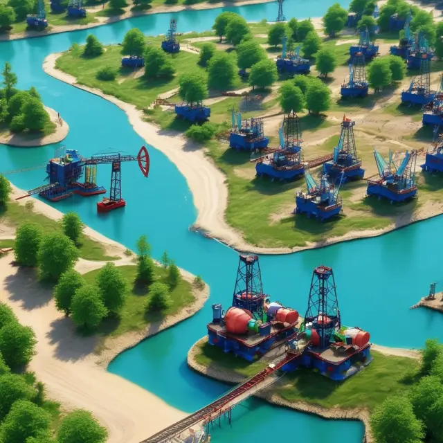 Image of an oil field with lush greenery and clear water bodies, representing industry