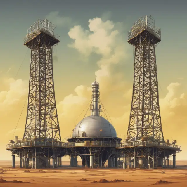 Two colossal oil rigs symbolizing Ghawar and Safaniya fields, representing their massive impact on the global energy industry