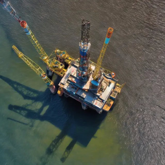 An oil rig drilling into a body of water filled with Oil Initially in Place (OIIP), emphasizing the vast potential of untapped resources.