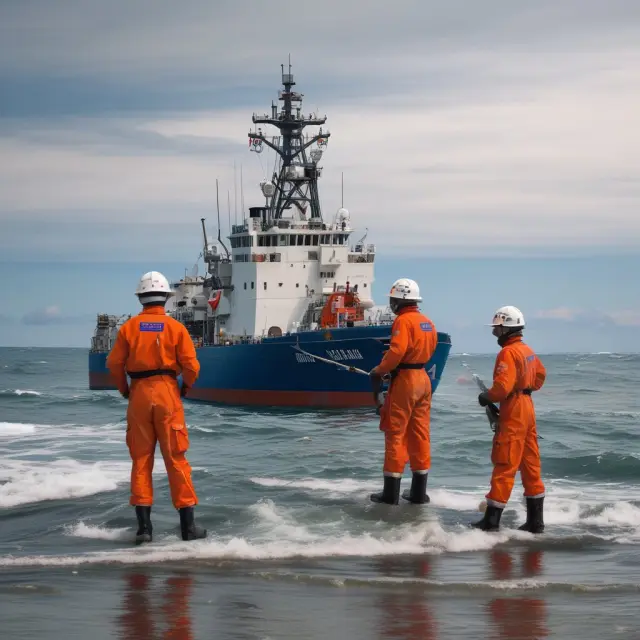Two shield-bearing figures symbolizing USCG and EPA standing guard over an idyllic ocean, emphasizing their roles in preventing oil spills.
