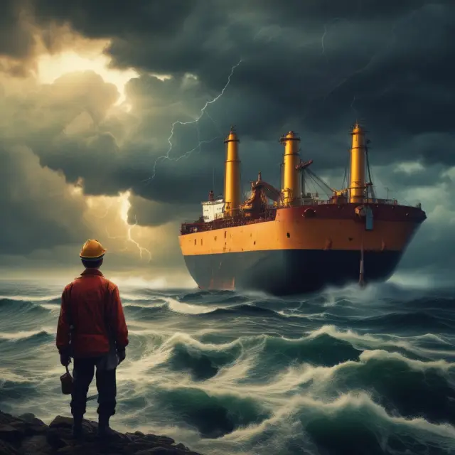A ship securely moored during a stormy sea, with a contingency plan tucked away in a waterproof briefcase to ensure effective response under the Oil Pollution Act