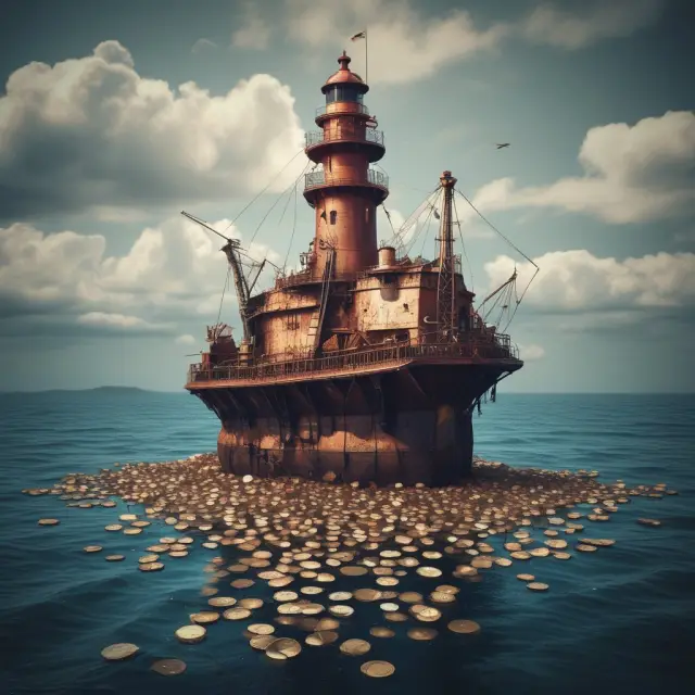 Image: A ship anchored in a sea of oil with a lighthouse made of coins signifying the Oil Spill Liability Trust Fund
