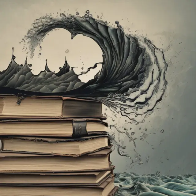 An ocean wave made up of oil droplets crashing onto maritime law books, symbolizing the transformative effect of the Oil Pollution Act on U.S. maritime legislation.