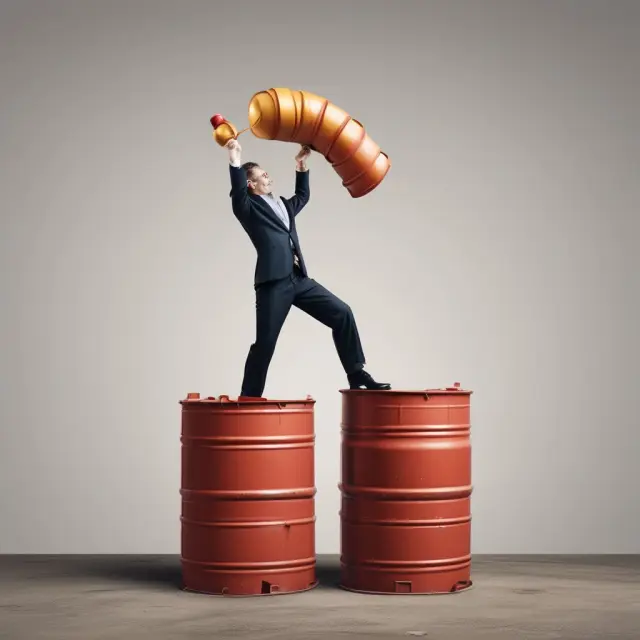 Oil juggler balances barrels atop gas cylinders; their relationship shifts with price fluctuations