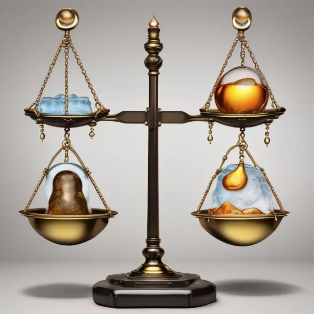 Golden crude oil drop and natural gas ice crystal on a balance scale, signifying the oil price to natural gas ratio