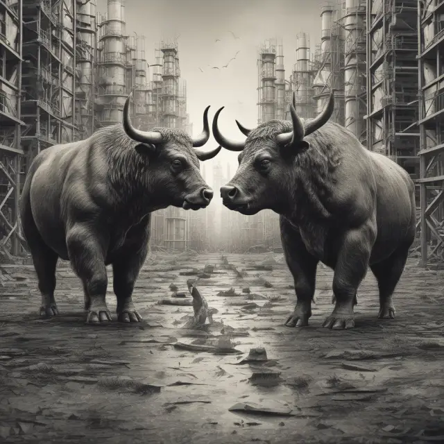 Two figures, Bull and Bear, navigating an intricate refinery maze, signifying the crack spread
