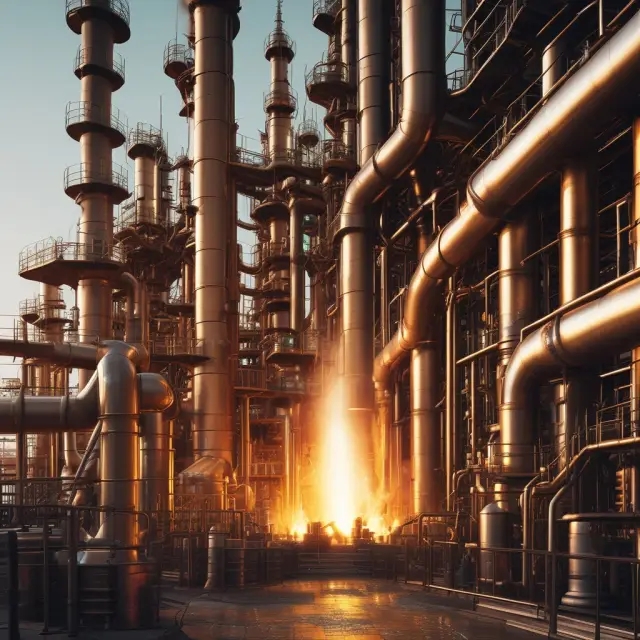 Alchemist refiners working with a crucible, turning crude oil into gold through advanced techniques.