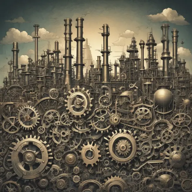 An intricate oil refinery mosaic depicting cogs and gears, representing U.S. refining industry