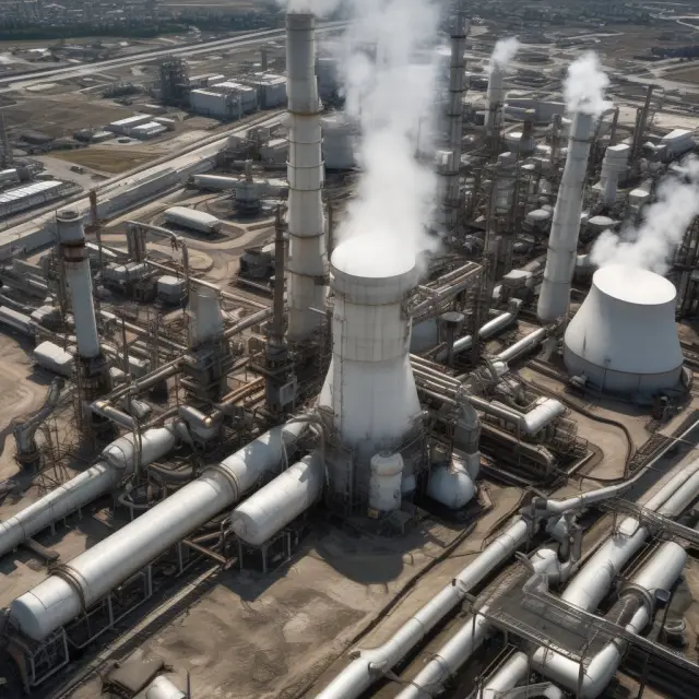 Oil refinery depicted as a bustling beehive, symbolizing job creation and economic activity through industrial processes