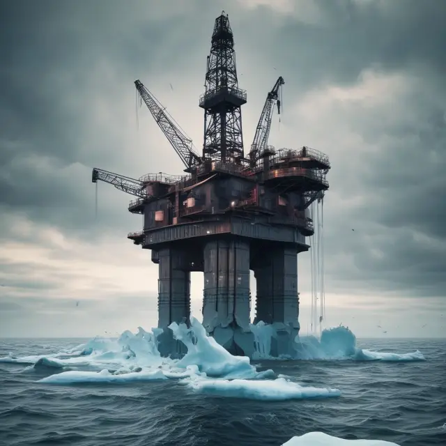 An aging oil rig precariously perched on a melting iceberg, illustrating the challenges of extracting and preserving oil reserves while addressing climate change.