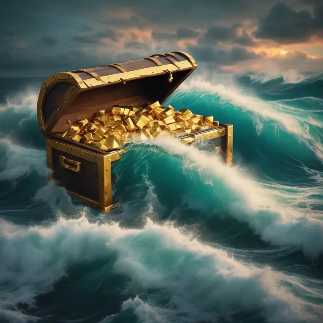 Golden barrels symbolizing oil reserves in an ocean wave setting, emphasizing their fluid nature and importance