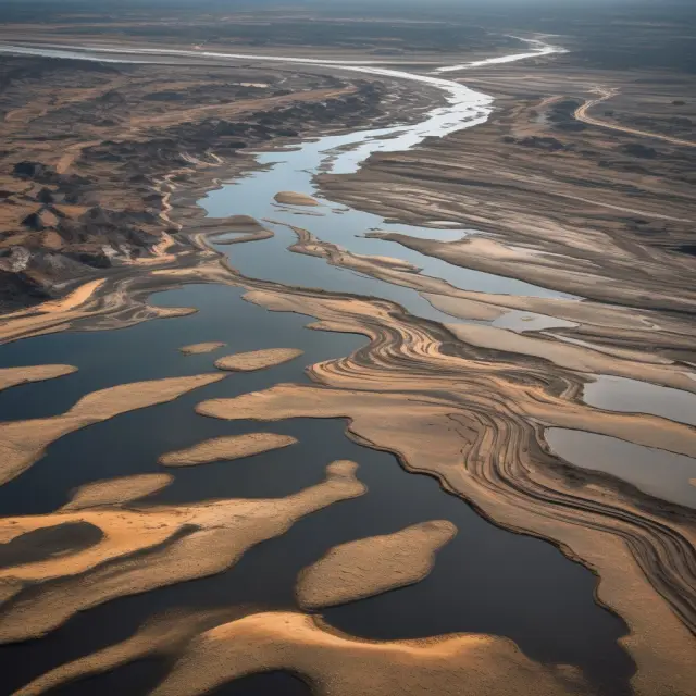 Imagery of oil sands extraction, featuring water usage and mitigation strategies