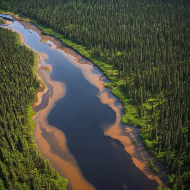 An oil river winding through boreal forest, representing the environmental challenges posed by Canada