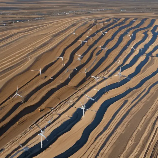 A visually striking image of solar panels and wind turbines overshadowing an oil sands mine, illustrating the potential impact of renewable energy on fossil fuel industries.