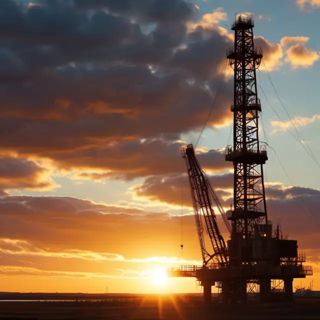 An image of a golden sun setting behind an oil rig, representing the volatility of oil prices impacting the profitability and future investment potential in oil sands mining