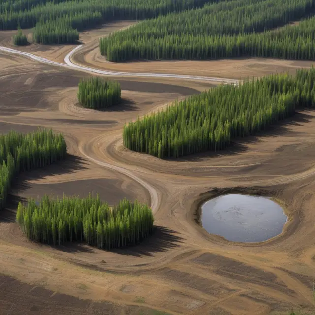 An image of oil sands pits transforming into lush, green forests post-mining reclamation