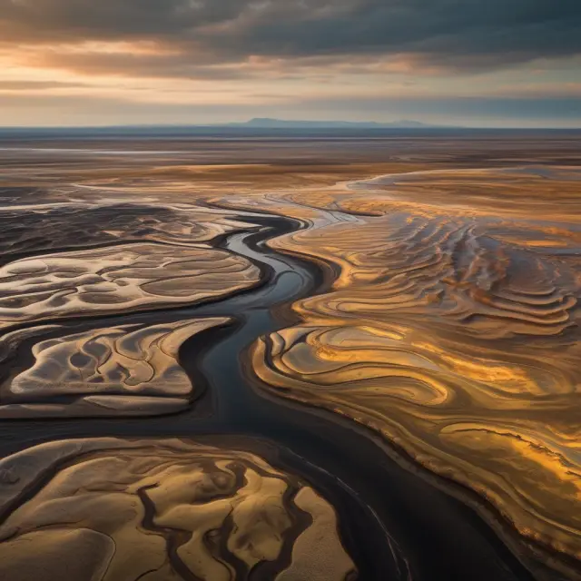 Golden oil sands flowing through a desolate landscape, representing the complexities and wealth of this resource.