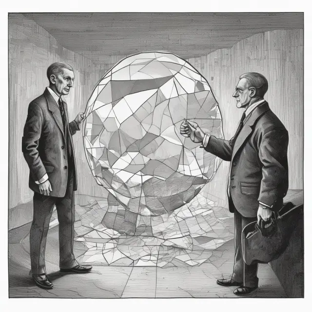 An economist studying a shattered mirror representing the complexities beyond Okun