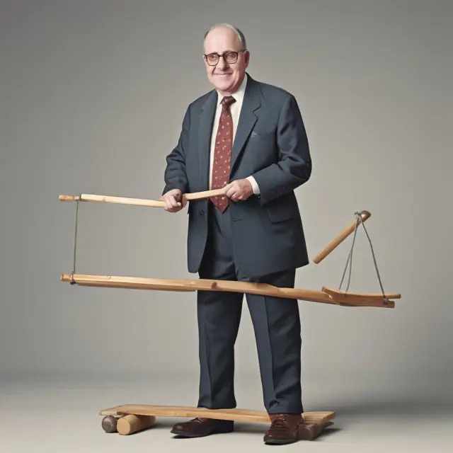 A metaphorical scene featuring Arthur Okun on a seesaw, balancing a scale representing Gross Domestic Product (GDP) and unemployment