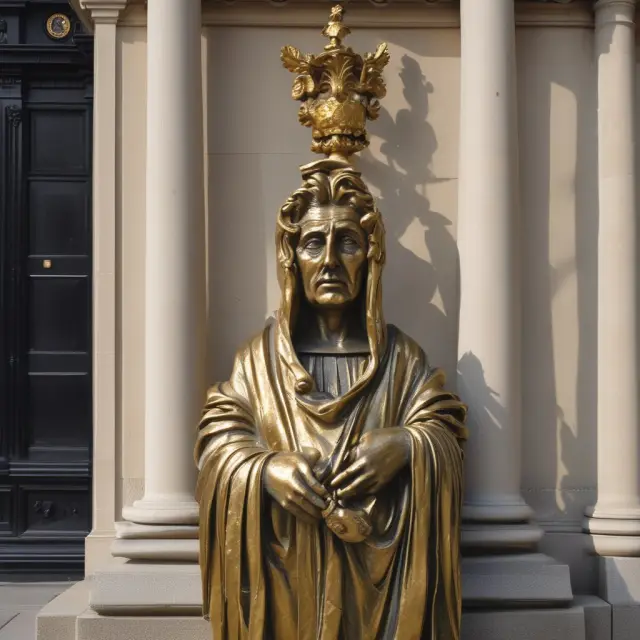 An elderly woman protectively holding a pile of gold coins as a representation of the Bank of England and its role in monetary stability