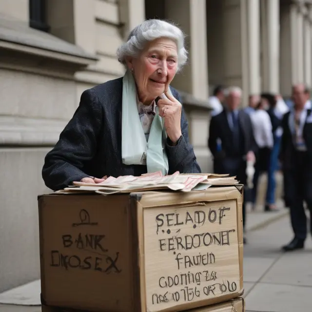 An elderly woman symbolizing the Bank of England protests Prime Minister Pitt