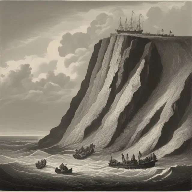 Leaking ship with South Sea Company shares heading towards Bank of England, illustrating the impact of the infamous financial crisis.
