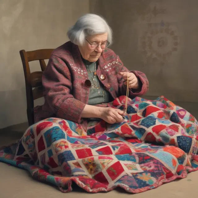 Old lady sitting at her quilting frame, meticulously crafting a quilt from financial pieces symbolizing monetary policies, the Bank of England, and other central banks