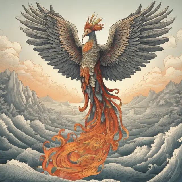 An ancient phoenix, symbolizing the Bank of England, rises from a tumultuous sea, illustrating adaptability and resilience in the face of economic change.