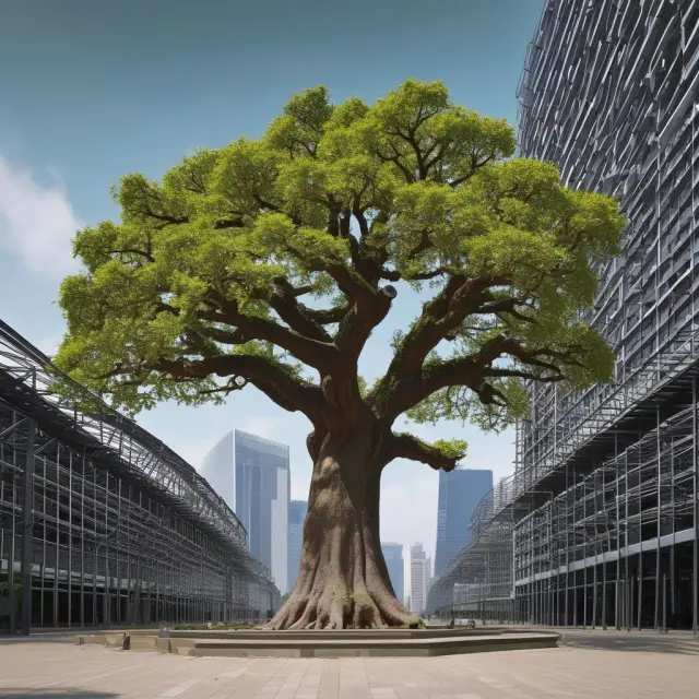 An old oak tree laden with technology fruits among modern steel structures, depicting the integration of traditional industries with technological advancements