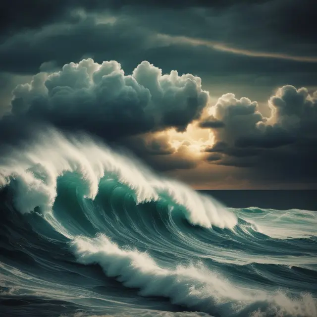 Old economy industries (agriculture, manufacturing, energy) braving a stormy sea, representing the challenges posed by extreme weather events and rising costs due to climate change