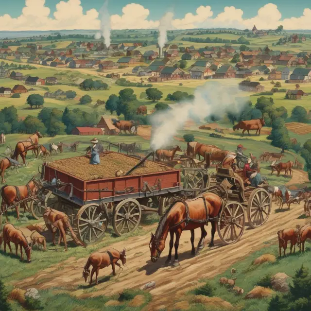 An image of farmers tilling soil, an old factory emitting steam, and horses grazing in a pasture represents the diversity within old economy industries.