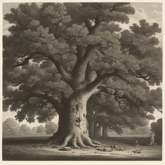 Image of a sturdy oak tree producing fruit among innovative saplings, representing the stability and consistency of old economy investments