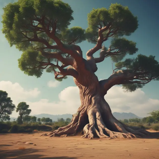 An ancient tree with grafted modern technologies, representing old economy companies adapting to external shocks and disruptive technologies