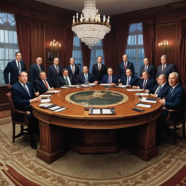 Oligopoly scene depicting influential figures seated around a table, controlling industry resources
