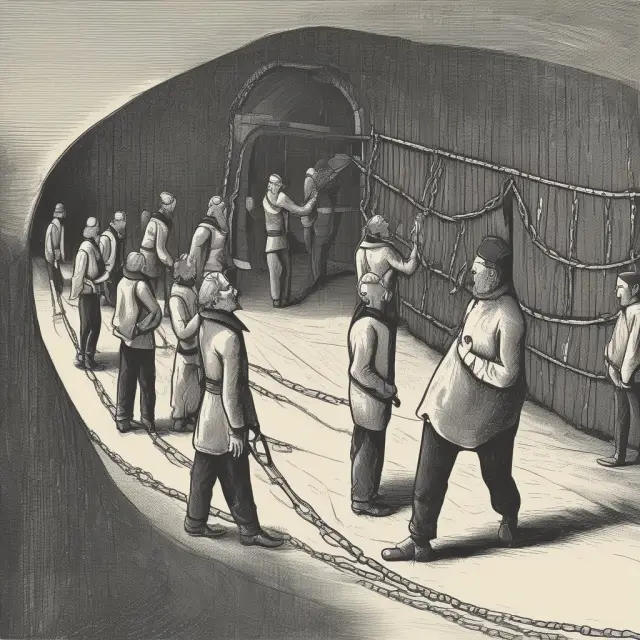 Four prisoners, each chained to one another, symbolizing the prisoner