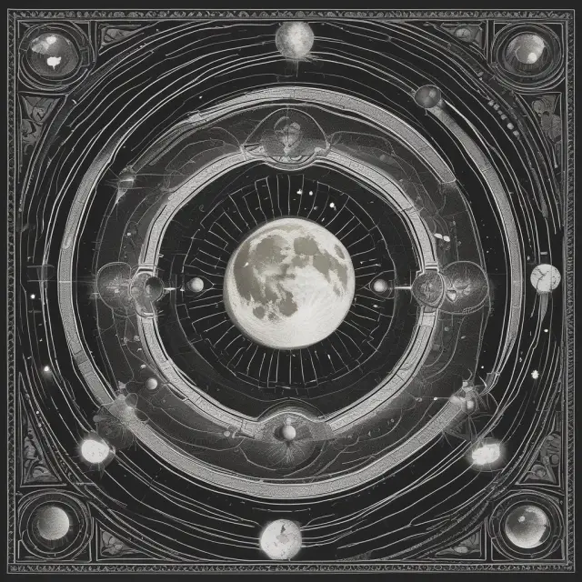 A lunar cycle with price leaders from various industries gathered around, setting stable prices based on the moon phases to maintain oligopoly equilibrium